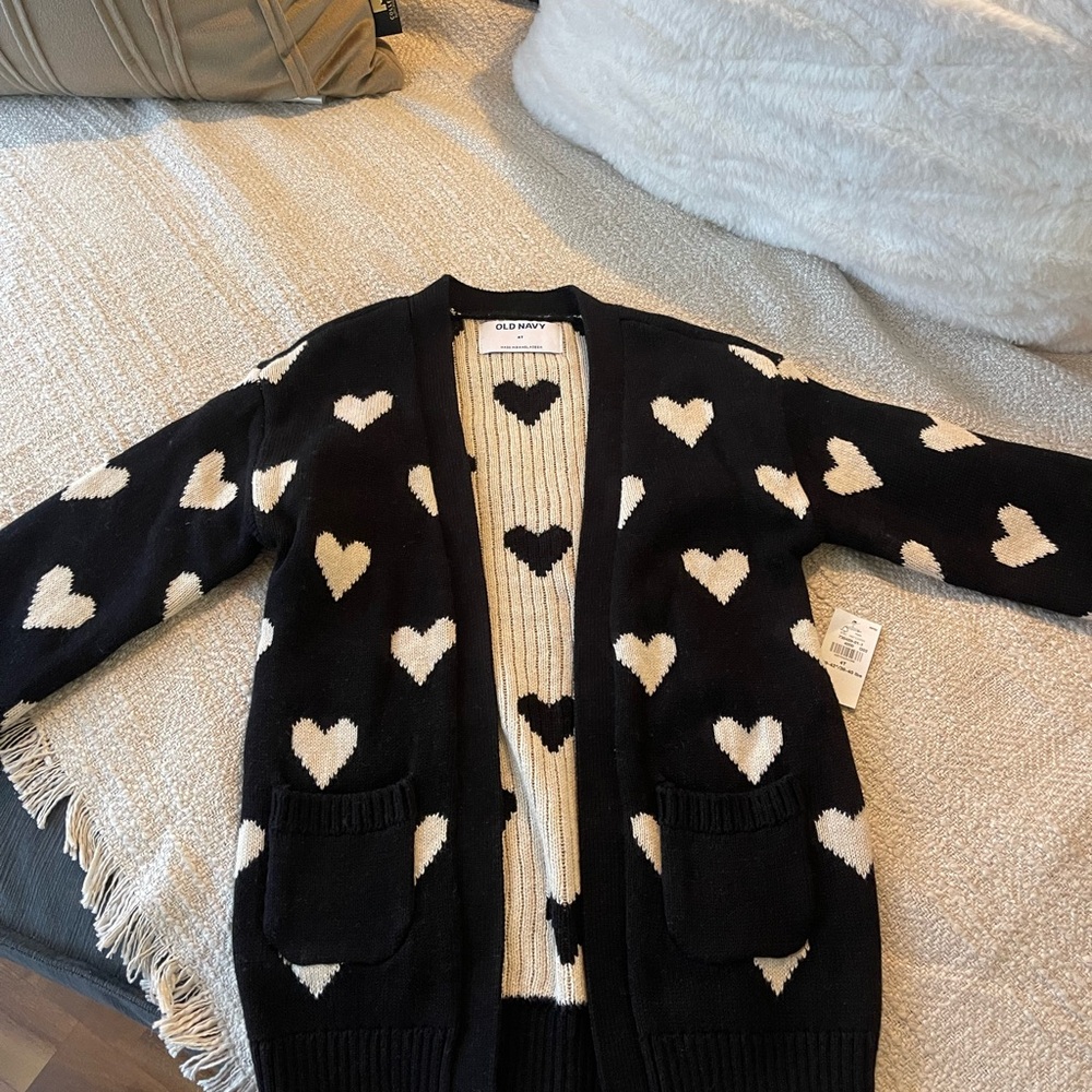 NWT Old Navy Girl’s Black Cardigan with White Heart Pattern